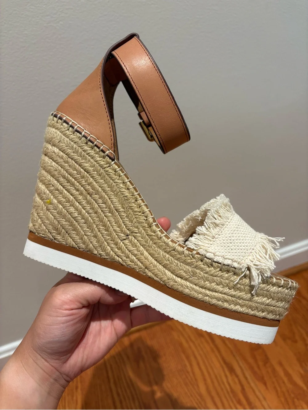 New See by Chloé Glyn Leather & Canvas Platform Espadrille Wedge Sandals Sz 38